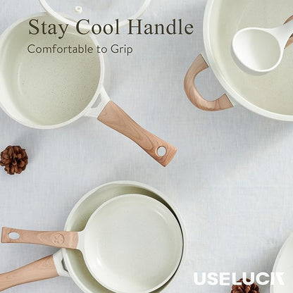 22 Pcs Pots and Pans Set Non Stick Non-Toxic Ceramic Kitchen Cookware Sets Nonstick Pot&Pan With Lid Cream White Granite Induction Compatible with Glass Lids Crepe