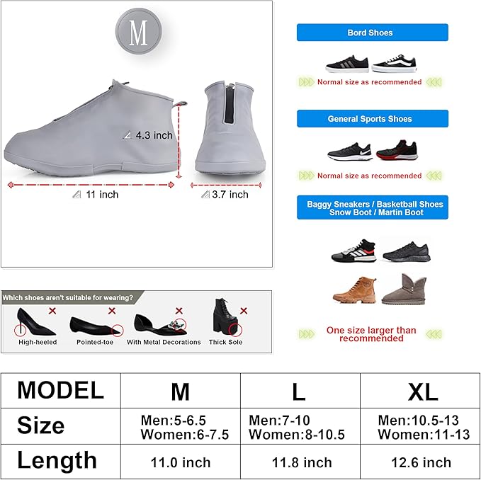 Waterproof Shoe Covers Slip-Resistant Overshoes Newly Upgraded and Latest Model for Men Women, Reusable Rain Boots for Outdoor, Cycling, Hiking, Work (Grey, M (Women 6-7.5, Men 5-6.5))