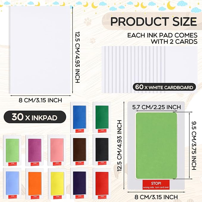 Jetec 30 Set Inkless Baby Footprint and Handprint Kit, Clean Touch Ink Pad for Baby Hand and Footprints, Dog Paw Print Kit with Ink Pads and Imprint Cards for Newborns Babies Pets Gifts (12 Colors)