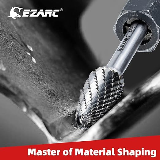 EZARC Tungsten Carbide Rotary Burr Bit, SF-5 Double Cut Carbide Burr 1/4" Shank Die Grinder Cutting Burrs Bit for Metal Working & Sturdy Storage Case