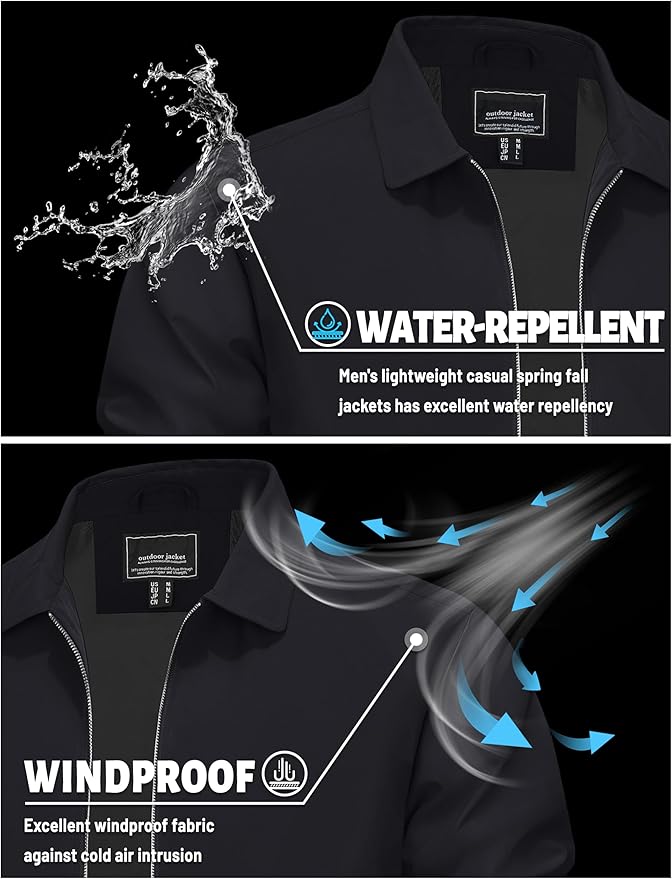 TACVASEN Mens Lightweight Windbreaker Full Zip Up Laydown Collar Jackets Light Casual Coat with Zip Pockets