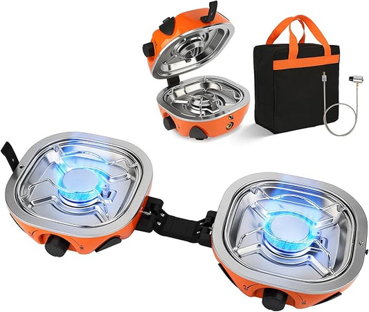 Propane Camping Stove 20,000 BTU - Portable 2 Burner Gas Stove with Adjustable Flame Control, Piezo Ignition, Carry Bag & Propane Adapter Hose, Folding Design for Camp, BBQ, Tailgating, Orange