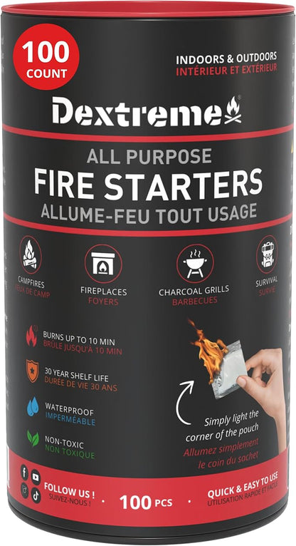 Dextreme Quick Instant Fire Starter - Waterproof All-Purpose Indoor & Outdoor Firestarter, for Charcoal Starter, Campfire, Fireplace, BBQ, Survival and Wood Stove (100 Pcs Tube)
