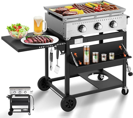 MELLCOM 3 Burner 30000 BTU Outdoor Gas Griddle with Lid (Side Shelf), Portable Flat Top Griddle 28 Inch Heavy-Duty Cast Iron Grill, Bottle Rack & Grease Pan for Camping, Picnic, Patio