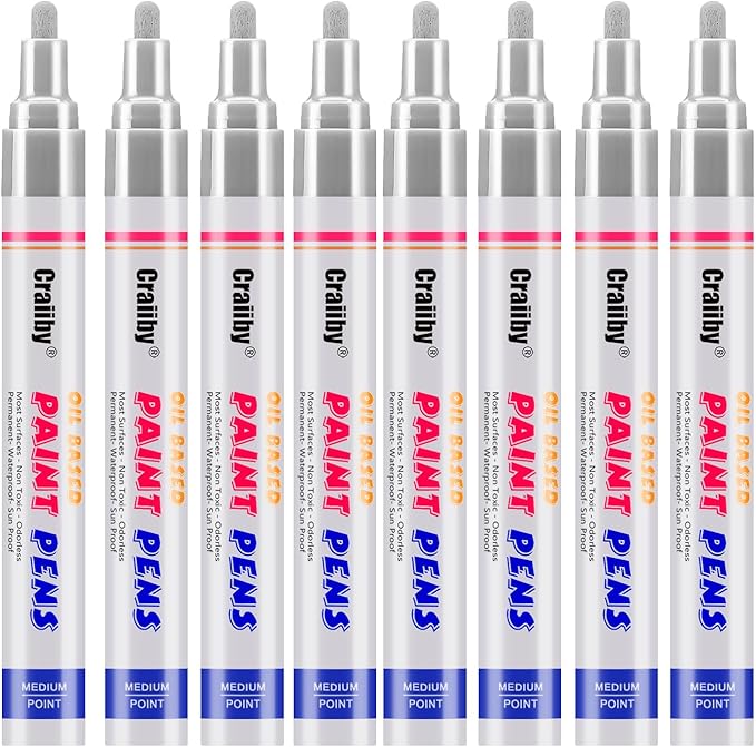 Silver Paint Markers, 8 Pack Oil-Based Waterproof Quick Dry Permanent Paint Pen Set for Rocks Painting, Wood, Fabric, Plastic, Canvas, Glass, Mugs, Metal, Tire, Stone, DIY Craft, Grey, Gray