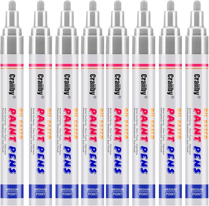 Silver Paint Markers, 8 Pack Oil-Based Waterproof Quick Dry Permanent Paint Pen Set for Rocks Painting, Wood, Fabric, Plastic, Canvas, Glass, Mugs, Metal, Tire, Stone, DIY Craft, Grey, Gray