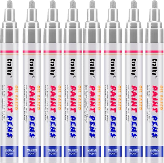 Silver Paint Markers, 8 Pack Oil-Based Waterproof Quick Dry Permanent Paint Pen Set for Rocks Painting, Wood, Fabric, Plastic, Canvas, Glass, Mugs, Metal, Tire, Stone, DIY Craft, Grey, Gray