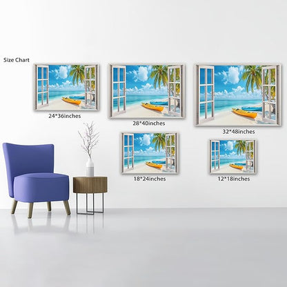 ANRUOXI Beach Wall Art, Window Frame Style Canvas Wall Decor Ocean, Blue Sea & Tropical Palm Tree Coasts Boats Canvas, Paradise Scenery Nature Landscape Painting for Living Room Office Home 28x40 Inch