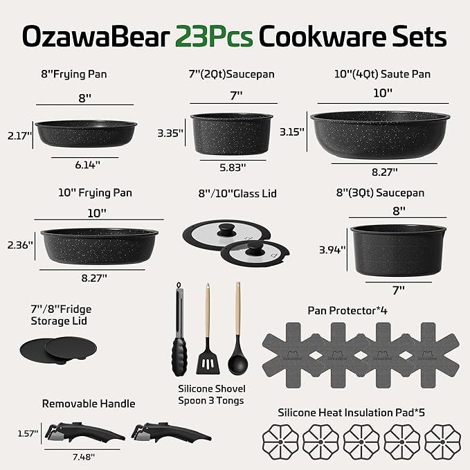23 Pcs Pots and Pans Set Non Stick, Ceramic Cookware Set Non Toxic with Detachable Handles, Healthy Induction Cookware Oven Safe RV Kitchen Set, PFAS PFOA & PTFE Free, Black