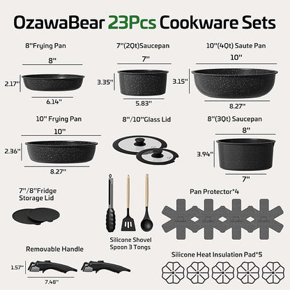 23 Pcs Pots and Pans Set Non Stick, Ceramic Cookware Set Non Toxic with Detachable Handles, Healthy Induction Cookware Oven Safe RV Kitchen Set, PFAS PFOA & PTFE Free, Black