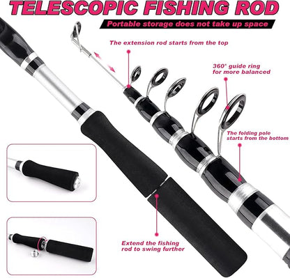 2PCS Telescopic Fishing Rods and Reels Combo Set 6.89ft Portable Fishing Pole Spinning Reel Lures Accessories with Storage Bag Saltwater Freshwater Fishing Pole Combo Fishermen Gift
