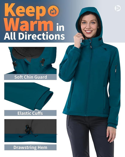 Outdoor Ventures Women's Softshell Jacket with Hood Fleece Lined Warm Lightweight Waterproof Insulated Windbreaker