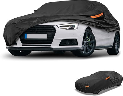 Universal Car Cover Waterproof All Weather 190T-PU, UV Sun Rain Protection, Fits for Sedan Length 187"-198", with Left Side Zipper, Black