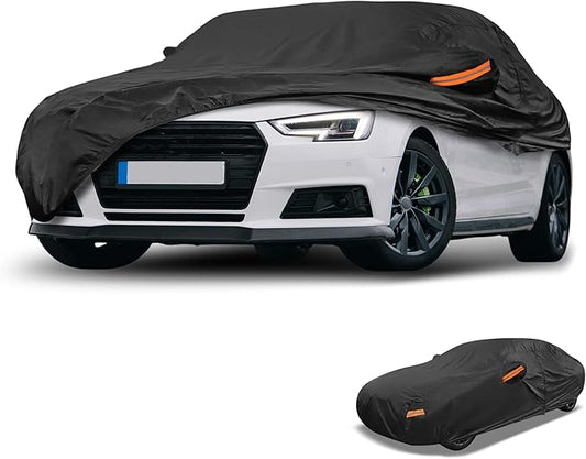 Universal Car Cover Waterproof All Weather 190T-PU, UV Sun Rain Protection, Fits for Sedan Length 187"-198", with Left Side Zipper, Black