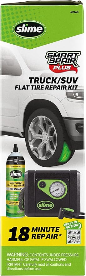 Slime 50166 Flat Tire Puncture Repair, Smart Spair Plus, Emergency Kit for Car Tires, Includes Sealant and Tire Inflator Pump, Suitable forTruck/SUV, 18 Min Fix