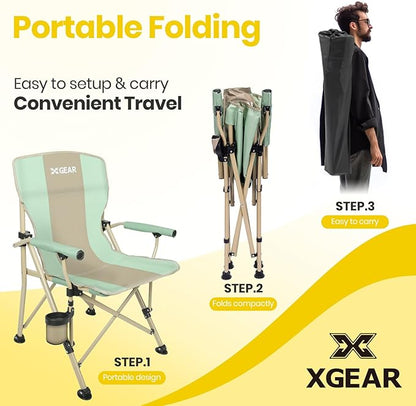 XGEAR Camping Chair with Padded Hard Armrest, Sturdy Folding Camp Chair with Cup Holder, Storage Pockets Carry Bag Included, Support to 400 lbs