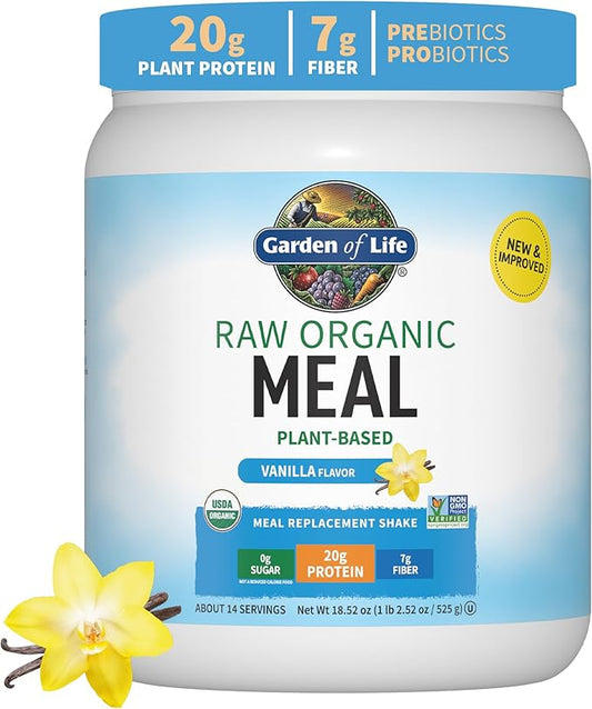 Garden of Life Meal Replacement Shakes, Raw Organic, Vanilla Protein Powder with Plant Based Pea Protein, Sprouts, Greens, Probiotics, Dairy Free 14 Servings