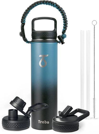 Trebo 24 oz Water Bottle Insulated with Lid and Straw,Double Wall Vacuum Stainless Steel Metal Tumbler Sports Flask with Paracord Handle, Keep Cold 48 Hours Water Cup with 3 Lids, Indigo/Black