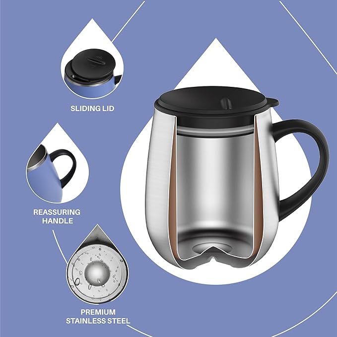 Ideus 16 oz Insulated Coffee Mug with Handle and Lid, Double Wall Stainless Steel Vacuum Thermal Coffee Mug, Travel Coffee Cup Thermal Cup for Home and Office, Ocean Blue