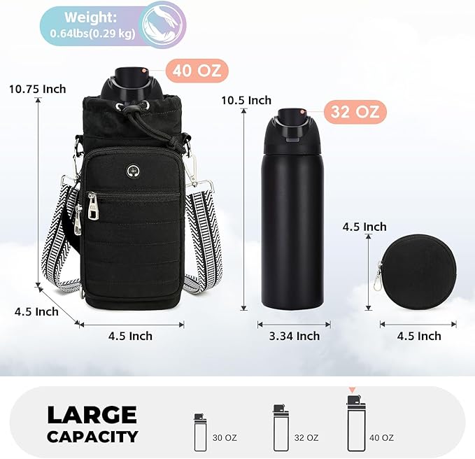 Water Bottle Carrier Bag with Strap, Sling Bag for Walking, Hiking, Cycling, Black, 40 Ounces