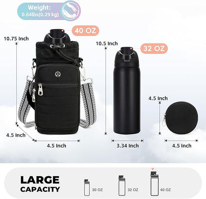 Water Bottle Carrier Bag with Strap, Sling Bag for Walking, Hiking, Cycling, Black, 40 Ounces