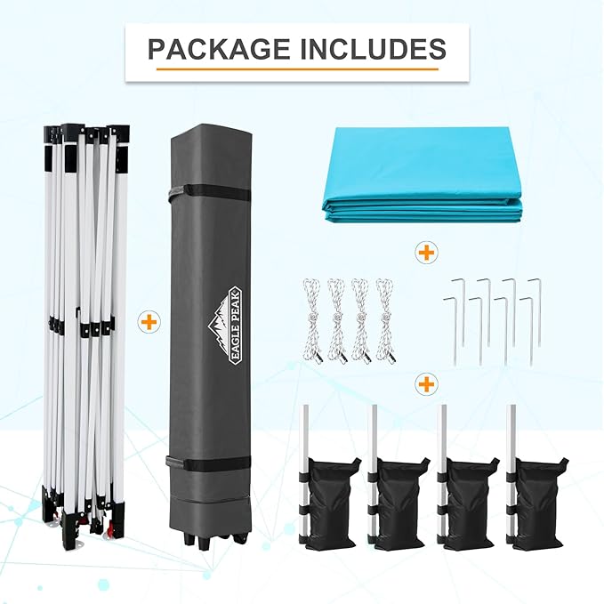 EAGLE PEAK Pop Up Canopy Tent with Wheeled Carry Bag, 8 Stakes, 4 Ropes, 4 Weight Bags, Easy Set Up Tent Canopy, 12x12 ft, 144sqft of Shade, Light Blue