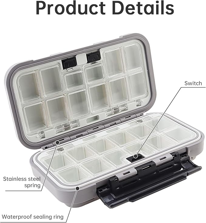 OriGlam Fishing Tackle Storage Box, Double Sided Waterproof 16 Compartments, Tackle Storage Organizer Box, Fishing Lure Box Storage Containers (Gray)