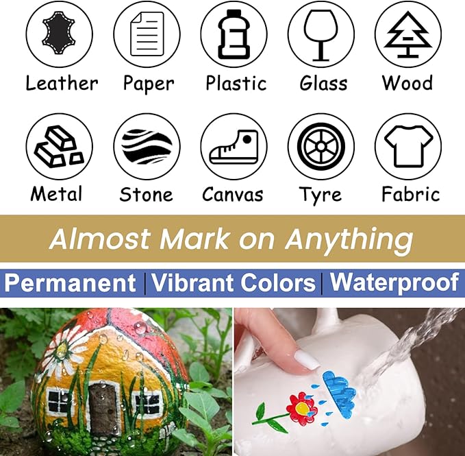 Overseas Black Paint Pens Paint Markers - Permanent Acrylic Markers 12 Pack, Water-Based, Quick Dry, Waterproof Marker Pen for Rock, Wood, Plastic, Metal, Canvas, Glass, Fabric, Mugs. Medium Tip