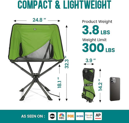 Swivel Portable Chair - Small Compact Collapsible Folding Chairs for Adults, Setup in 8 Seconds, Lightweight Outdoor Backpack Chair for Camping, Travel, Hiking, Beach, Support 300 LBS