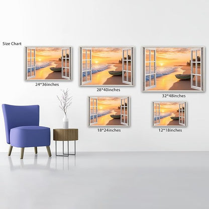 ANRUOXI Beach Wall Art, Window Frame Style Canvas Wall Decor Ocean, Sunset Sea & Tropical Palm Tree Coasts Boat Canvas, Seaside Scenery Nature Landscape Painting for Living Room Office Home 28x40 Inch