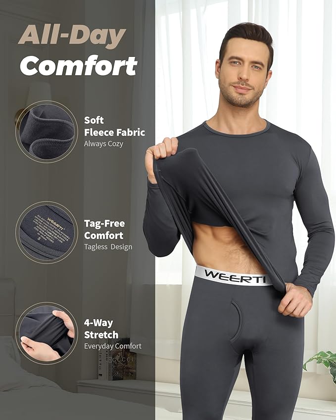 WEERTI Thermal Underwear for Men Long Johns with Fleece Lined Base Layer Men Cold Weather Top Bottom