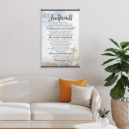 Footprints in the Sand Religious Canvas Wall Art Posters, Inspirational Beach Sunset Poem Print Poster (Black Axis 12x18inch, Footprints(6))