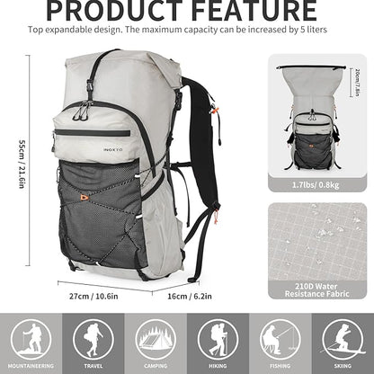 Hiking Backpack for Men and Women, 30L Waterproof Camping Backpack with 3L Water Bladder and Rain Cover, Lightweight Outdoor Sport Travel Daypack Rucksack for Climbing Cycling (Light gray)