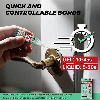 Super Glue Liquid&Gel, Instant Adhesive, Multipack Cyanoacrylate Strong Clear Glue for Shoe Sole Repair Ceramic Plastic Metal Wood Pottery Leather Aquarium Glass, Rubber, Strong Bonding