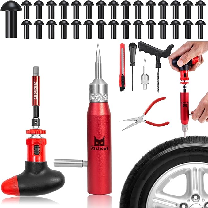 Richcat Tubeless Tire Puncture Repair Kit with Mushroom Plug, Repairs punctures and Flat Tires for Motorcycles, Cars, Trucks, ATVs and Tractors