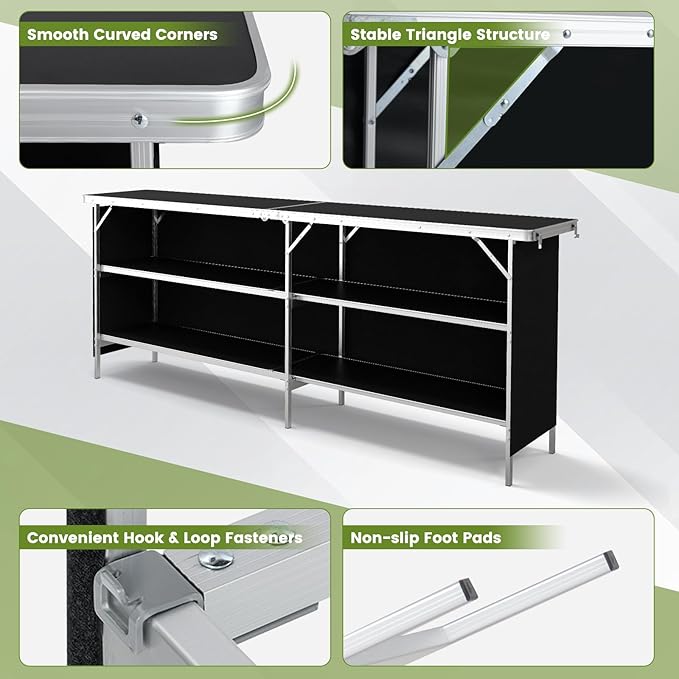 GOFLAME Folding Camping Table, Aluminum Portable Picnic Table w/ 2-Tier Open Shelves & Spacious Tabletop, Carrying Bag Included, Outdoor Large Kitchen Table for Picnic, BBQ, Party, Backyard (Black)