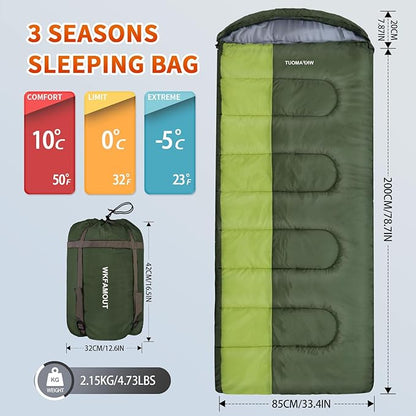 XL 10 Degree Sleeping Bags Waterproof for Adults 350GSM Machine Washable with Compression Sack for 3-4 Season Camping Outdoor