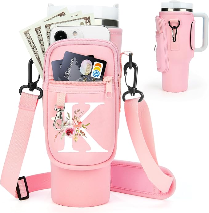 Initial Water Bottle Holder with Strap for Stanley 40 oz Tumbler/Simple Modern 40 oz Tumbler,Water Bottle Carrier Bag with Strap,Personalized A-Z Phone Pocket for Stanley Cup Accessories
