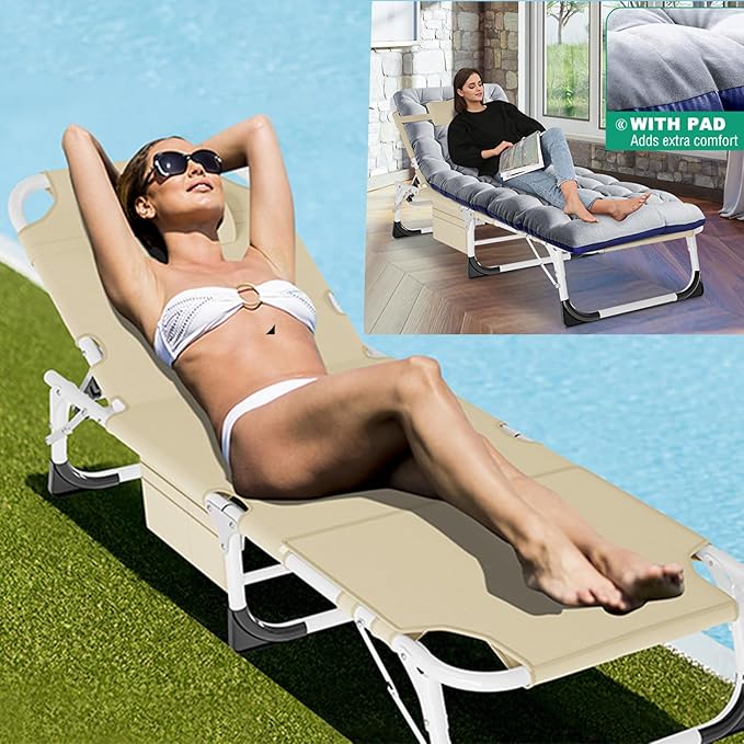 LILYPELLE Folding Chaise Lounge Chair with Mattress, 5 Position Beach Chair with Face Hole, Patio Chaise Lounge Chairs for Outside, Sunbathing, Camping, Pool, Beach, Poolside