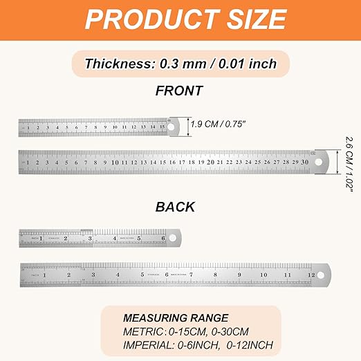 HARFINGTON 4 Pcs Steel Ruler 6"/12" Machinist Metal Ruler Carbon Steel Metric Straight Edge Measuring Tools 0.3mm Thick for Engineering Architect Drawing Home Office