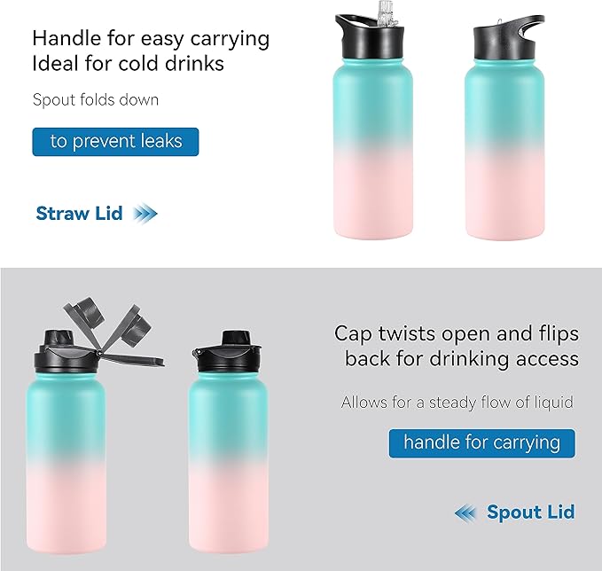 VEGOND 32 oz Insulated Water Bottle Bulk Stainless Steel Metal Water Bottles with Leak Proof Straw Lid & Spout Lid, Wide Mouth Double Walled Vacuum Travel Sports Bottle, 4 Pack