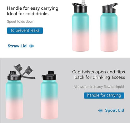 VEGOND 32 oz Insulated Water Bottle Bulk Stainless Steel Metal Water Bottles with Leak Proof Straw Lid & Spout Lid, Wide Mouth Double Walled Vacuum Travel Sports Bottle, 4 Pack