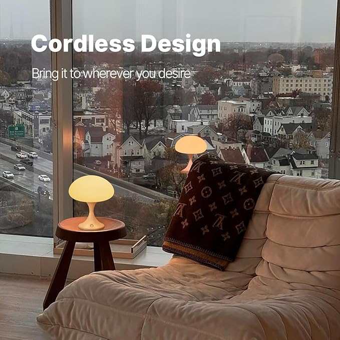 Mushroom Lamp, 5W LED Cordless Rechargeable Table Lamp with Glass Shade, Small Retro Dimmable Touch Light with 3 Color Temps, Aesthetic Mid Century Bedside Light for Bedroom Ambient, White