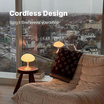 Mushroom Lamp, 5W LED Cordless Rechargeable Table Lamp with Glass Shade, Small Retro Dimmable Touch Light with 3 Color Temps, Aesthetic Mid Century Bedside Light for Bedroom Ambient, White