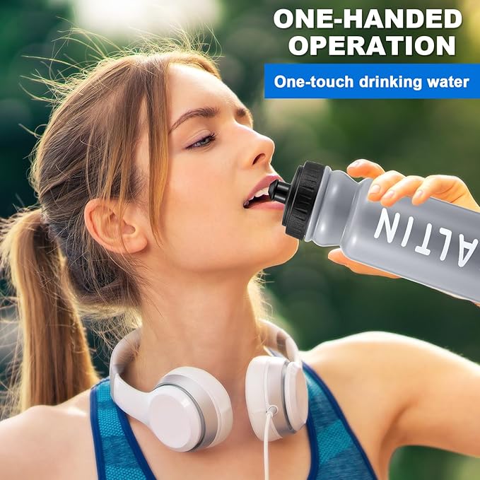 Suclain 14 Pcs Water Bottle Carrier with 20 Oz Bottles and Stickers Plastic Wide Mouth Sports Water Bottle Squeeze Team Bottles with Black Lid for Fitness Bike Gym (Grey)