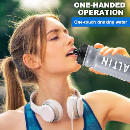 Suclain 7 Pcs Water Bottle Carrier with 20 Oz Bottles and Stickers Plastic Wide Mouth Sports Water Bottle Squeeze Team Bottles with Black Lid for Fitness Bike Gym (Grey)