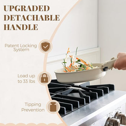 PRICUSIS Ceramic Pots and Pans Set with Detachable Handle, Non-toxic Nonstick 8pcs Cookware Set with Die-cast Lids, Dishwasher & Oven Safe, PTFE PFOA PFAS Free, Perfect for College Dorm, Cream White