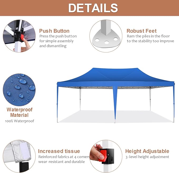 COBIZI 10x20 Pop Up Canopy Tent with Sidewalls,Party Tent Outdoor Gazebos, Waterproof & UV50+,3 Adjustable Heights,Higher Frame Design - Extra Tall for Parties Backyard,Weddings,Markets, Blue