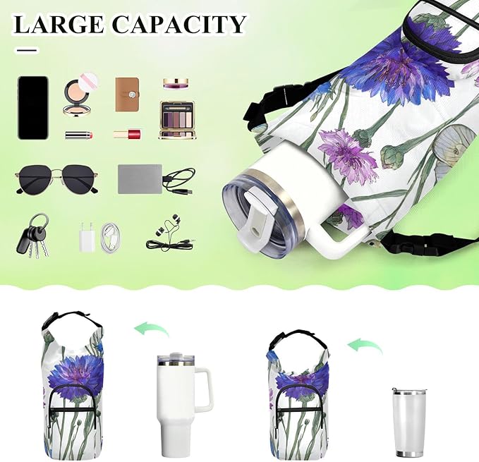 Blue Purple Cornflower Water Bottle Holder with Strap Insulated Water Bottle Carrier Crossbody Bags Pouch with Phone Pocket for Travel Gym Hiking Walking Running