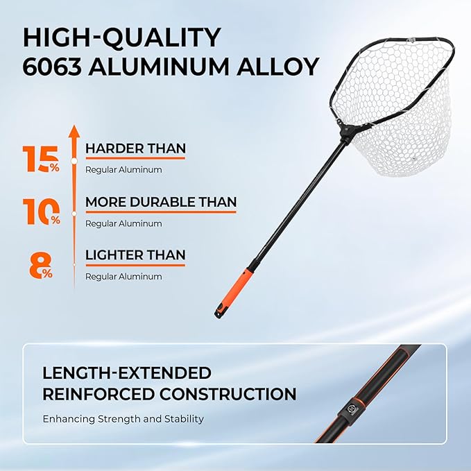 KastKing Brutus Folding Landing Net with Boat Hook, Foldable, Extendable, Lightweight & Strong, Multi-Functional Built-in Boat Hook, Non-Slip & Bright Orange TPR Handle, Two Nets Options